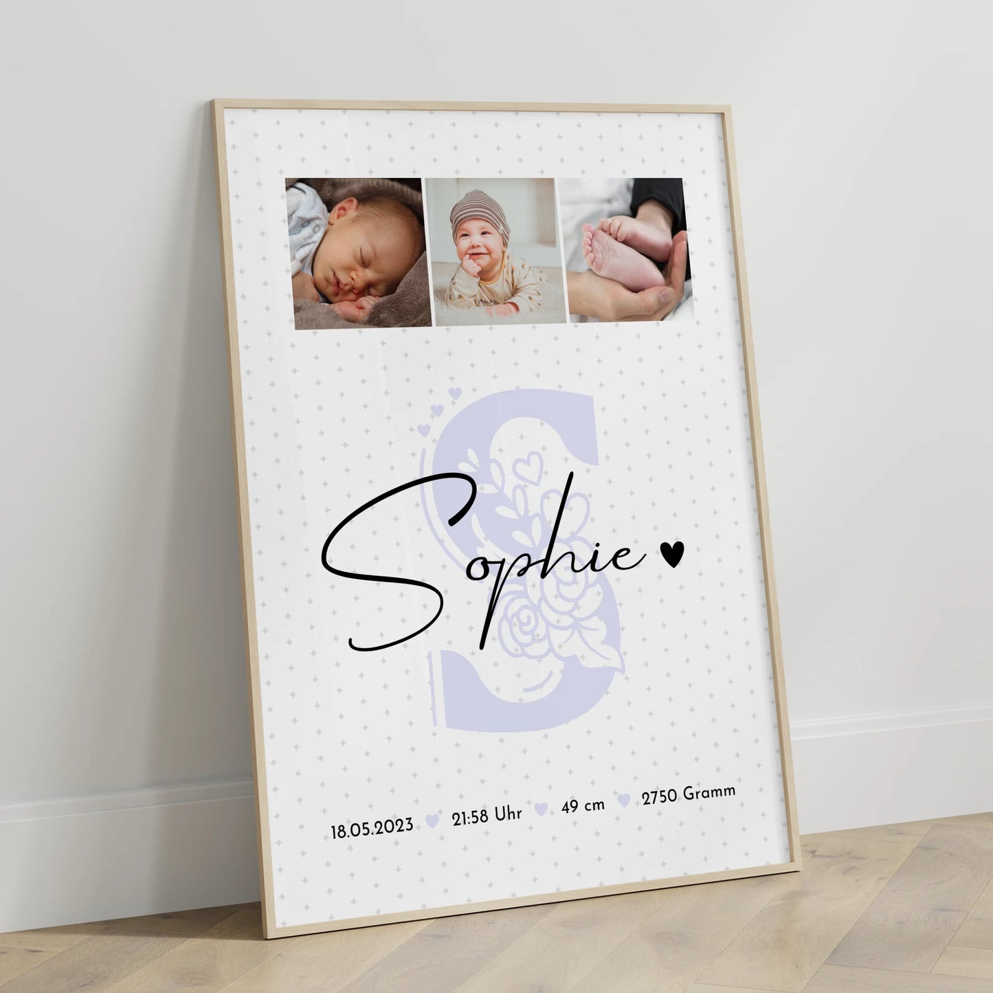 Geburtsdaten Poster mit Fotos für Baby Geburt personalisiert Sternchen Klein Muster Geschenk 3