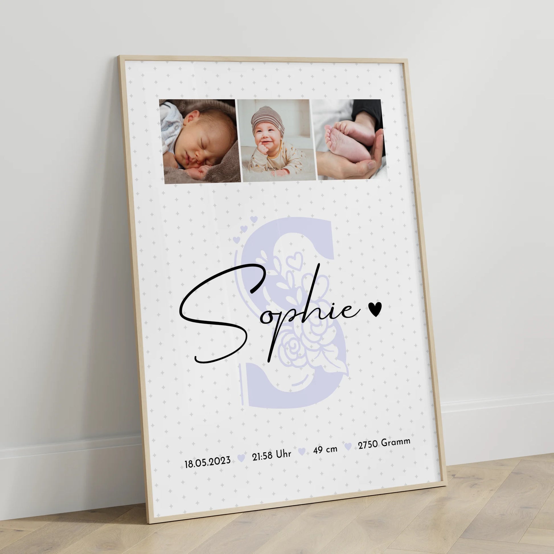 Geburtsdaten Poster mit Fotos für Baby Geburt personalisiert Sternchen Klein Muster Geschenk 3