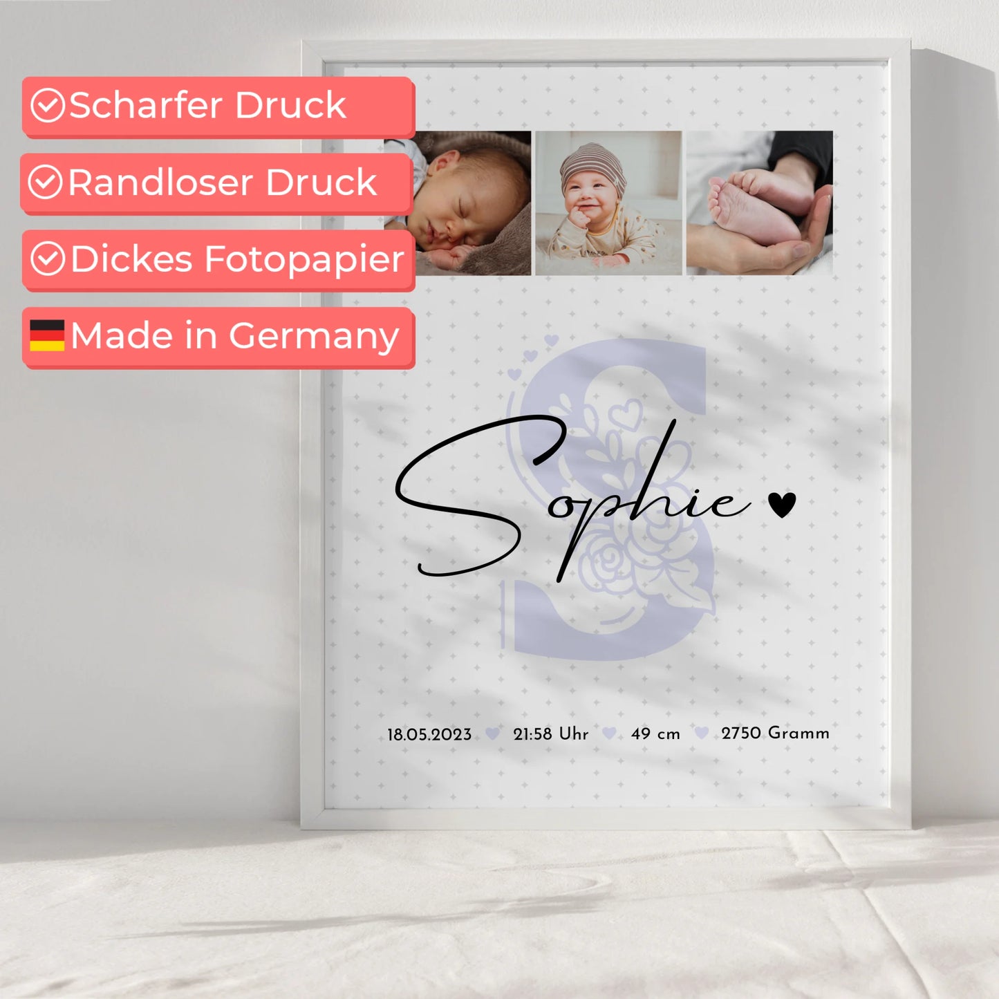 Geburtsdaten Poster mit Fotos für Baby Geburt personalisiert Sternchen Klein Muster Geschenk 6