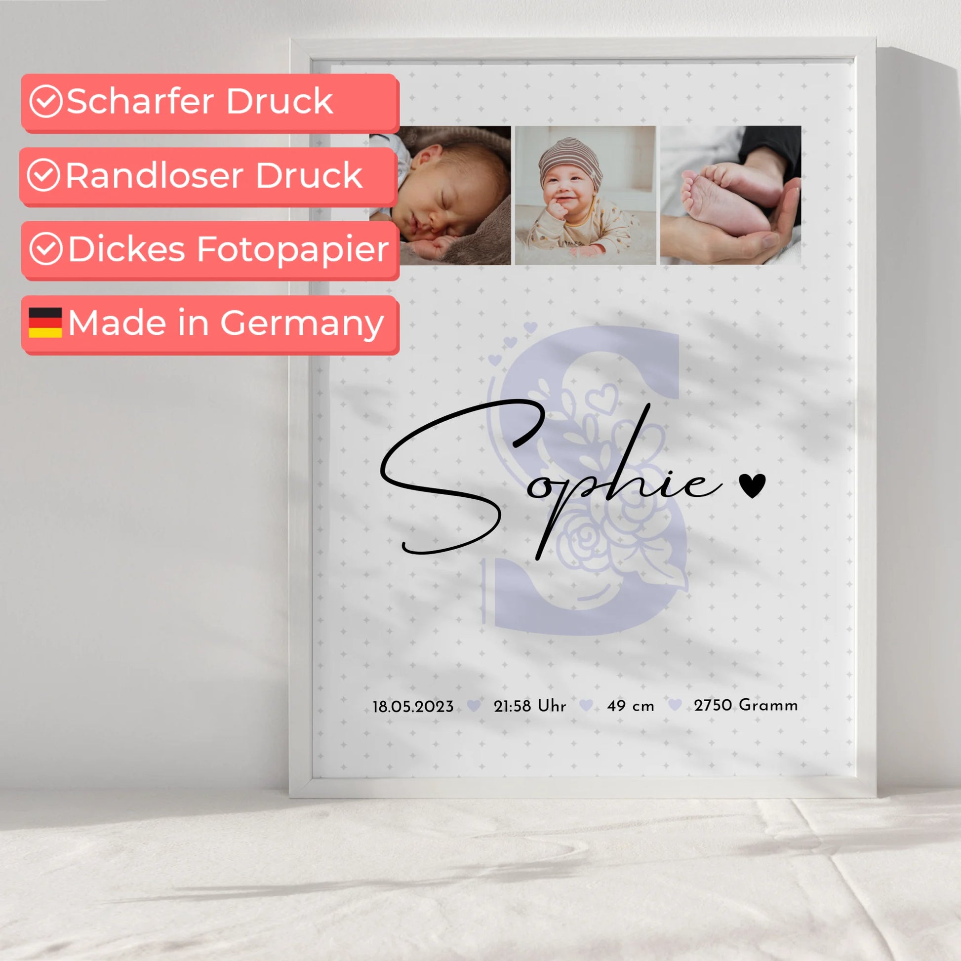 Geburtsdaten Poster mit Fotos für Baby Geburt personalisiert Sternchen Klein Muster Geschenk 6