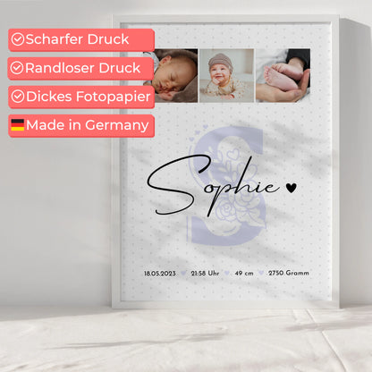 Geburtsdaten Poster mit Fotos für Baby Geburt personalisiert Sternchen Klein Muster Geschenk 6