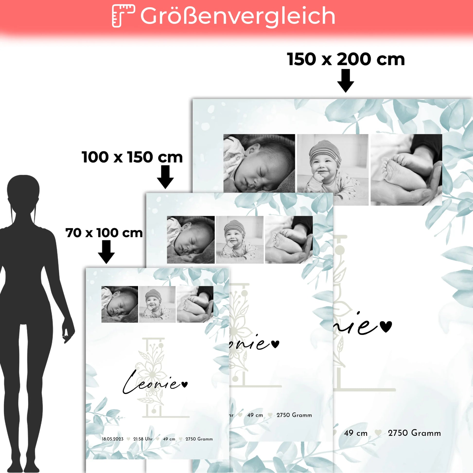 Babydecke zur Geburt mit Namen, Baby-Fotocollage und Geburtsdaten im Schwarz-Weiß-Design 5