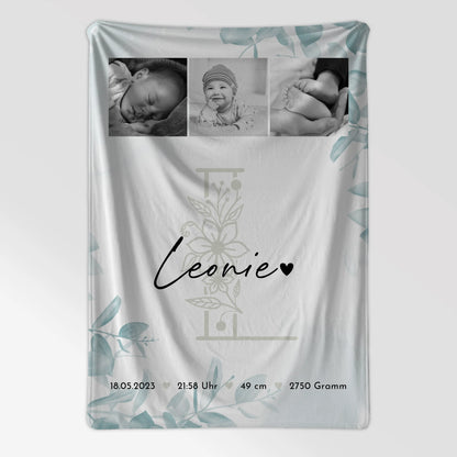 Babydecke zur Geburt mit Namen, Baby-Fotocollage und Geburtsdaten im Schwarz-Weiß-Design 7