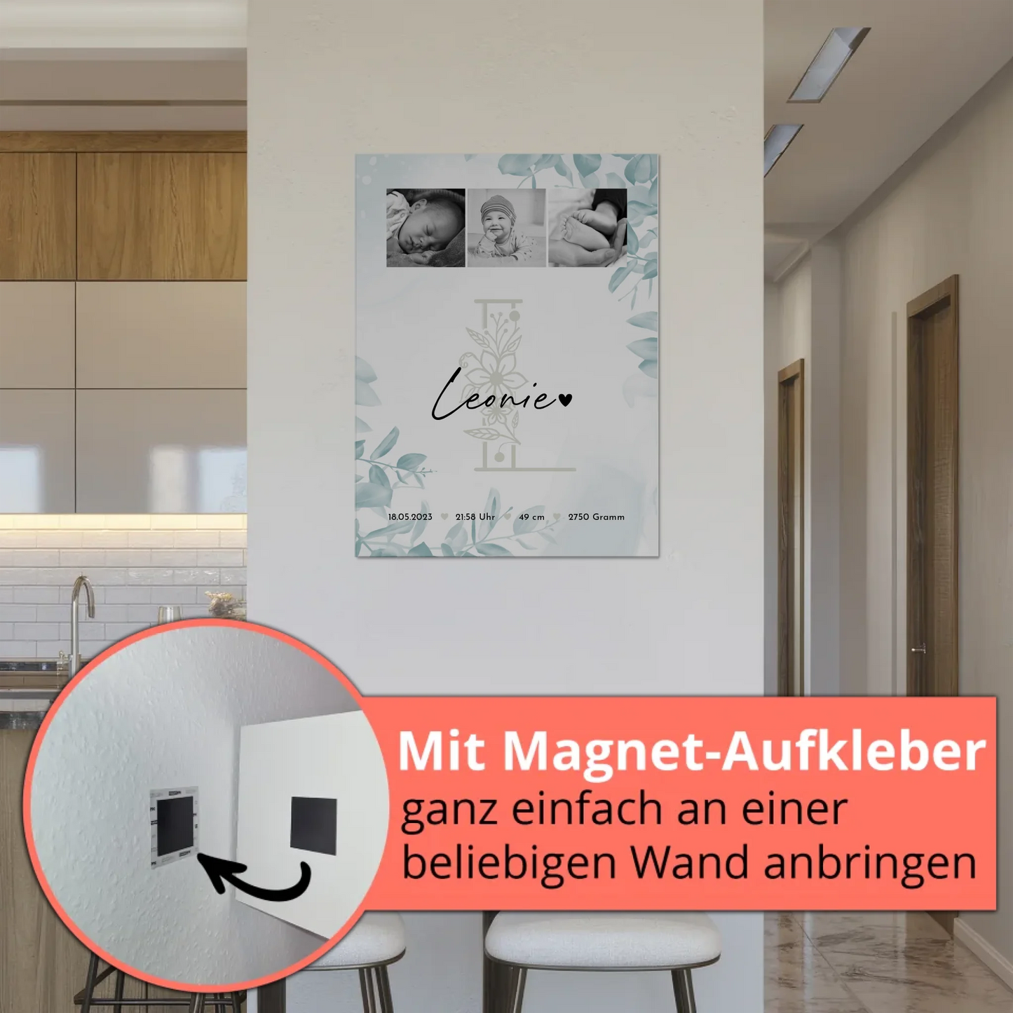 Magnetposter zur Geburt - Baby-Fotocollage mit Geburtsdaten (Schwarz-Weiß)