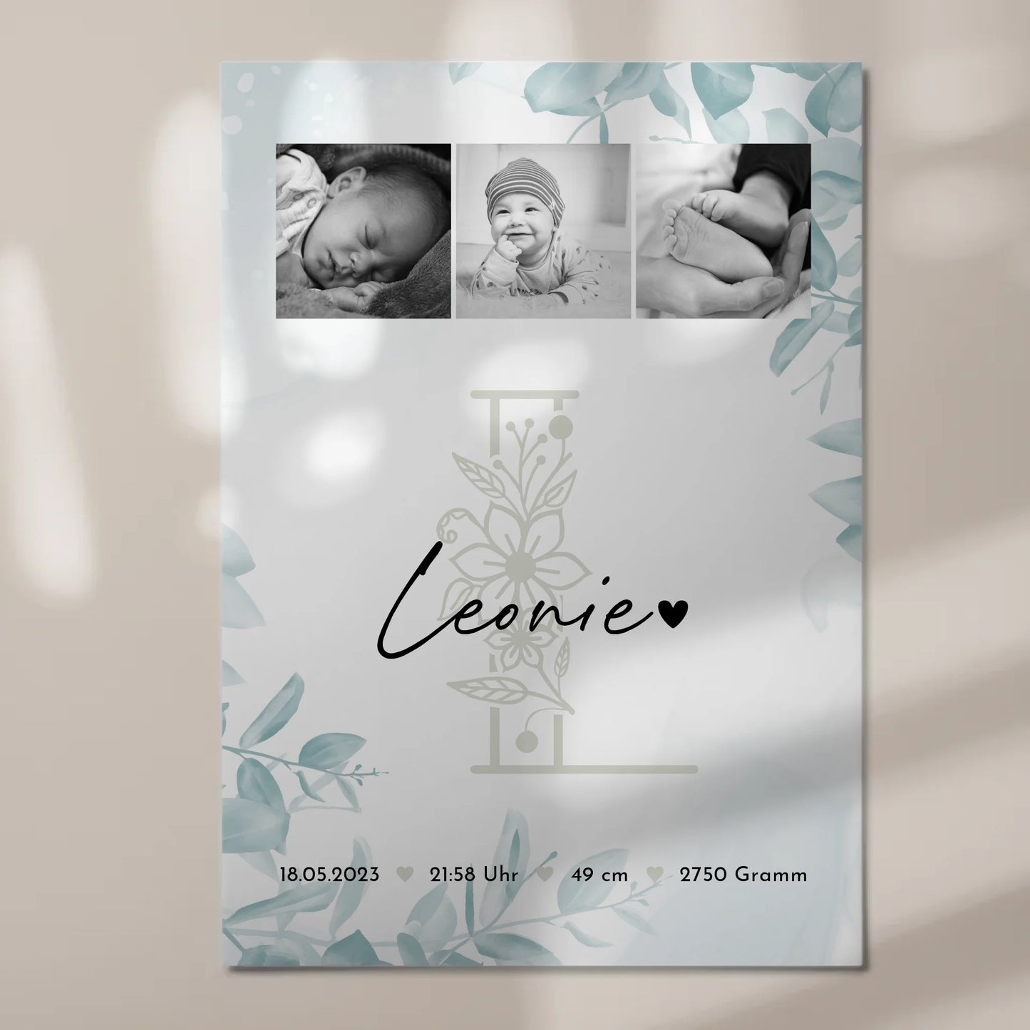 Magnetposter zur Geburt - Baby-Fotocollage mit Geburtsdaten (Schwarz-Weiß)