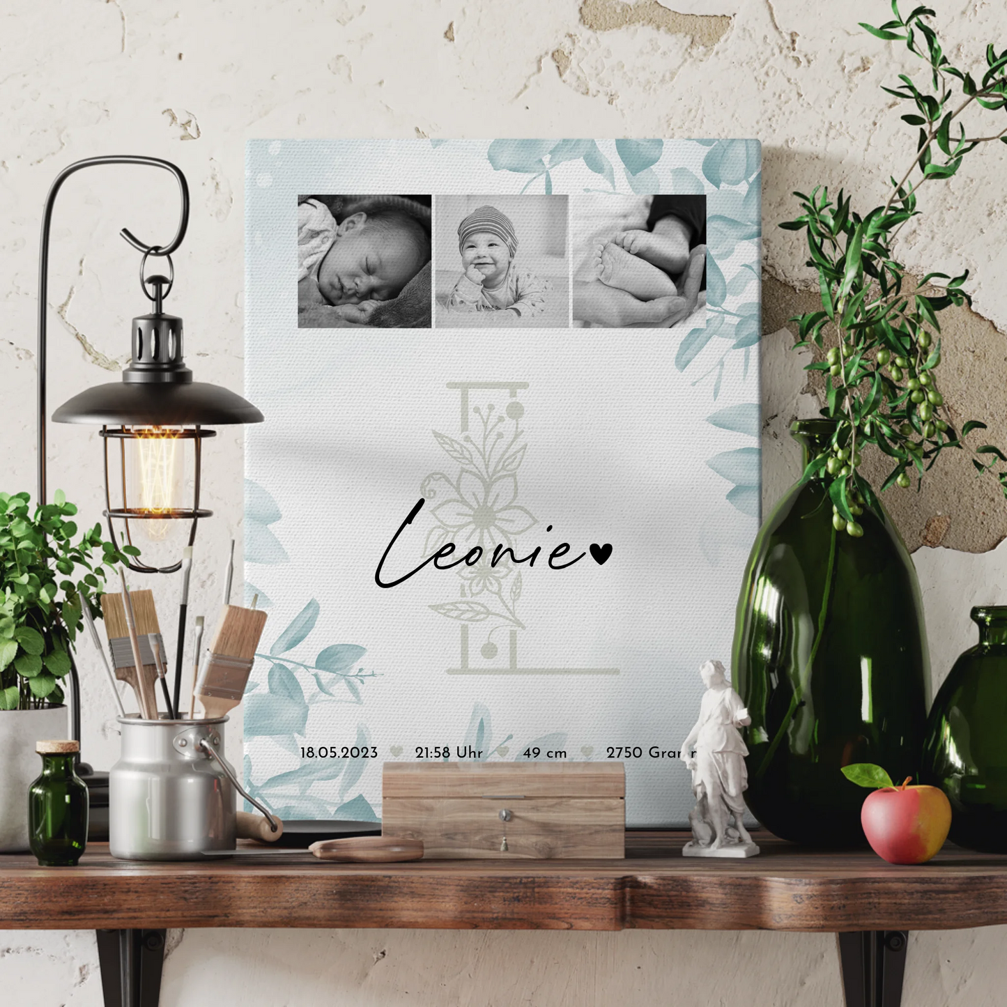 Leinwand Personalisiert zur Geburt Baby Fotocollage mit Geburtsdaten Black and White Design 3