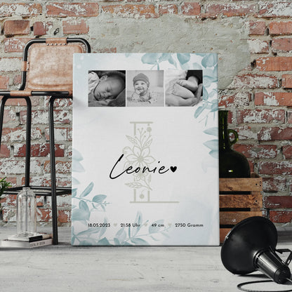 Leinwand Personalisiert zur Geburt Baby Fotocollage mit Geburtsdaten Black and White Design 4