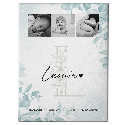 Leinwand Personalisiert zur Geburt Baby Fotocollage mit Geburtsdaten Black and White Design 1
