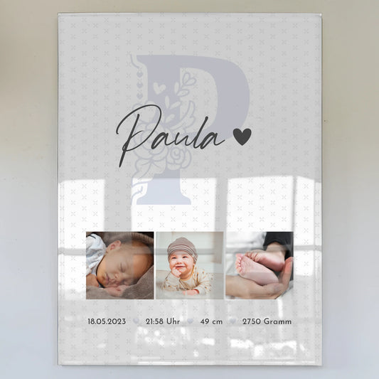 Acrylglas Mit Foto zur Geburt Baby mit 6 Fotos Geburtsdaten Sternchen Muster 1