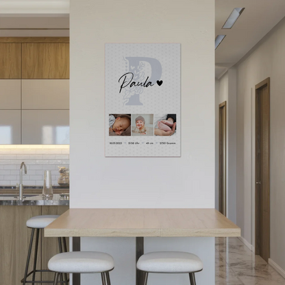 Magnetposter Fotoboard Geburt Baby mit 6 Fotos Geburtsdaten Sternchen Muster