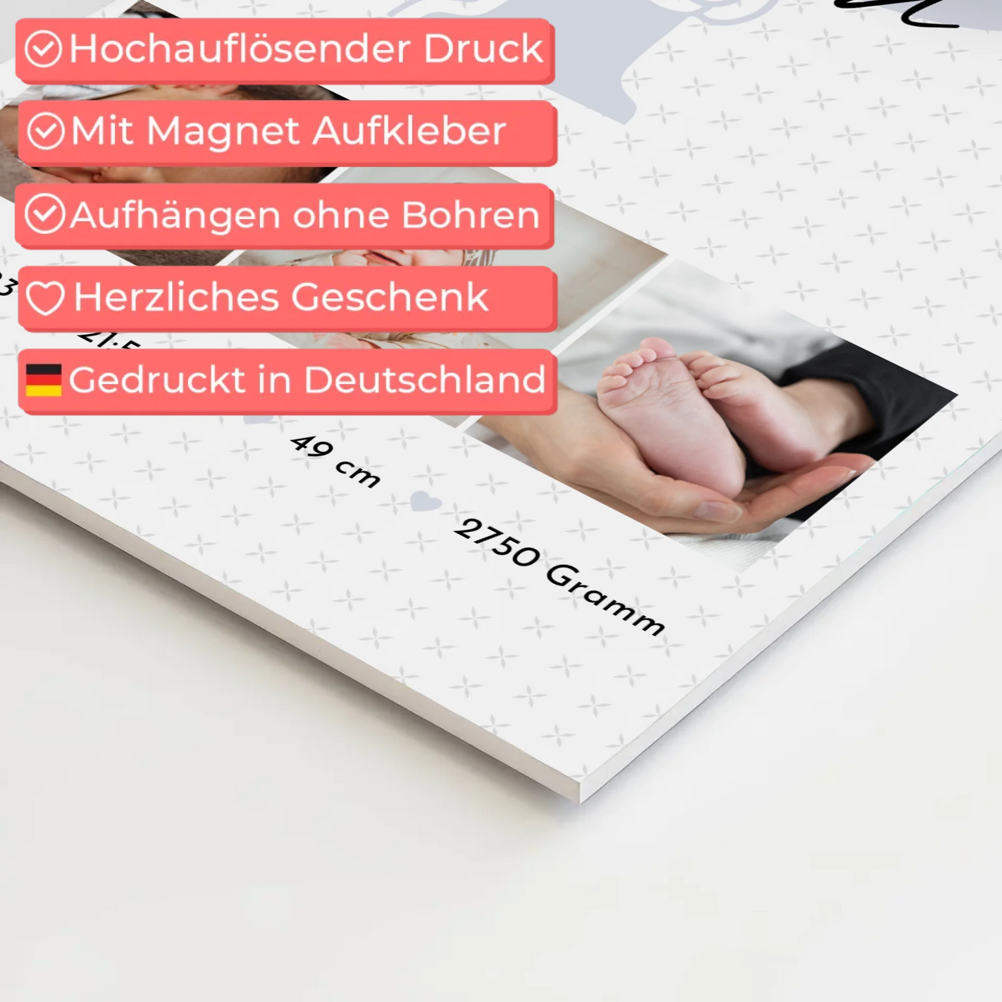 Magnetposter Fotoboard Geburt Baby mit 6 Fotos Geburtsdaten Sternchen Muster