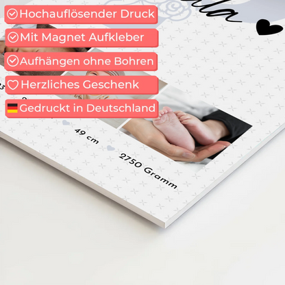 Magnetposter Fotoboard Geburt Baby mit 6 Fotos Geburtsdaten Sternchen Muster