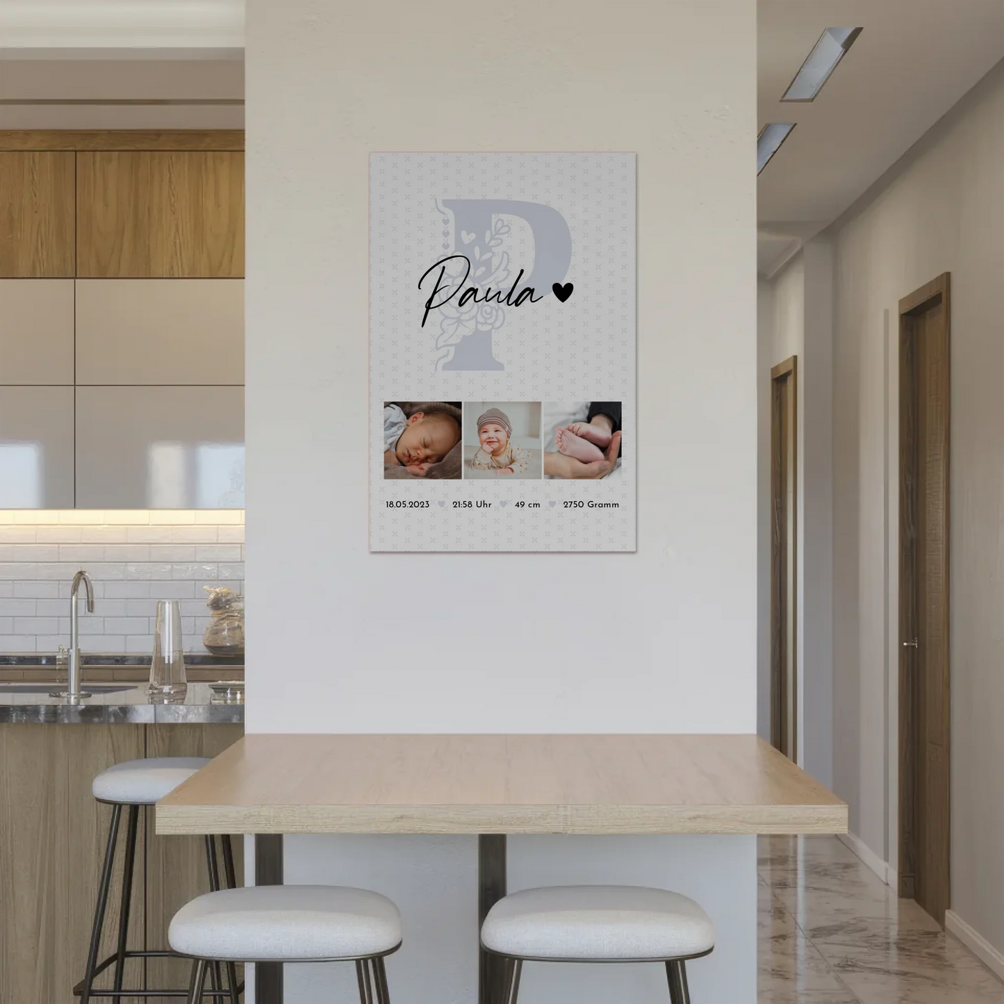 Magnetposter Fotoboard Geburt Baby mit 6 Fotos Geburtsdaten Sternchen Muster