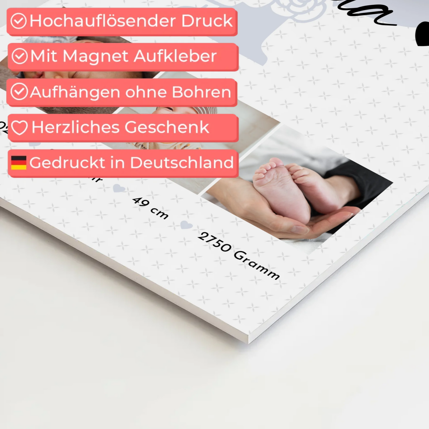 Magnetposter Fotoboard Geburt Baby mit 6 Fotos Geburtsdaten Sternchen Muster