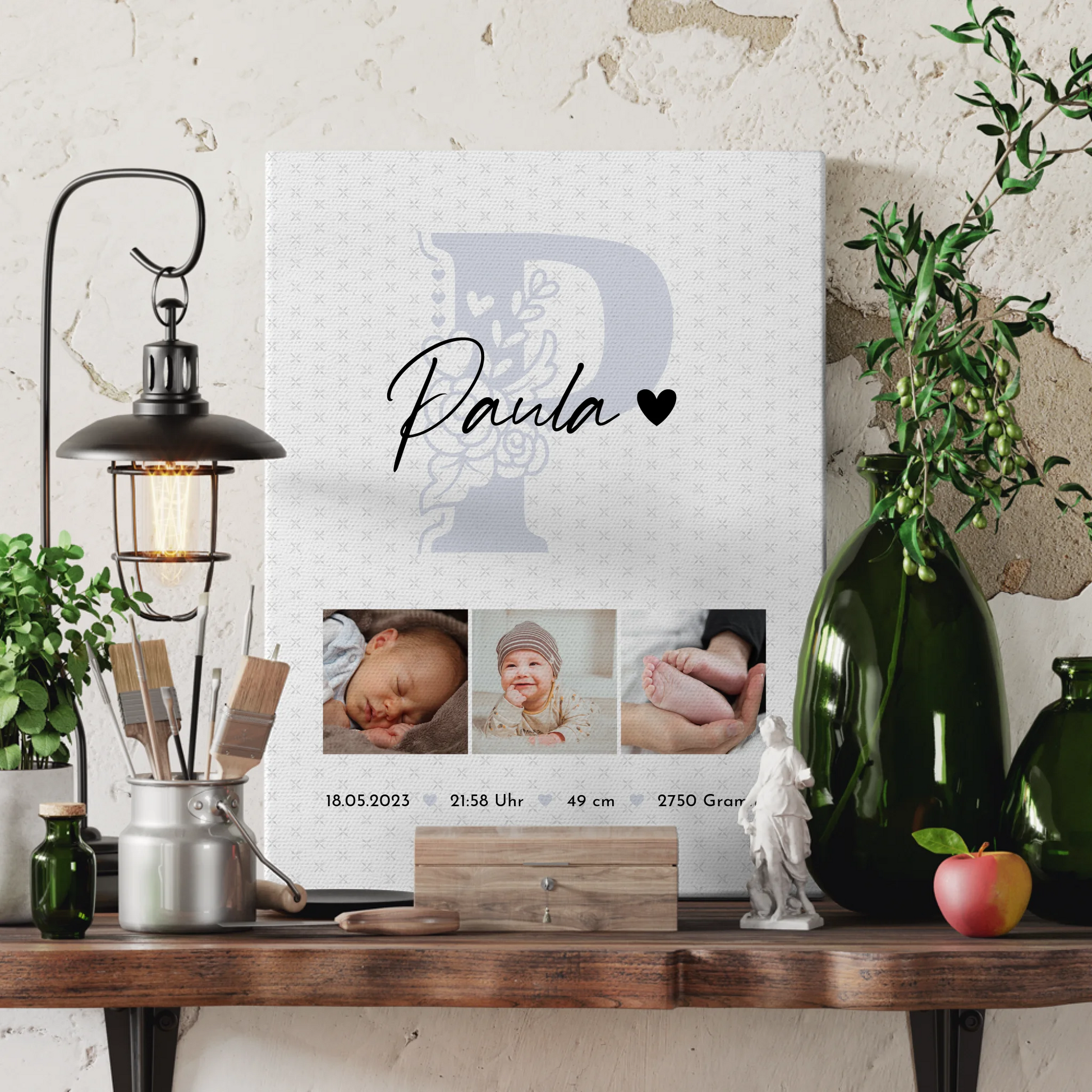 Leinwand Personalisiert zur Geburt Baby mit 6 Fotos Geburtsdaten Sternchen Muster 3