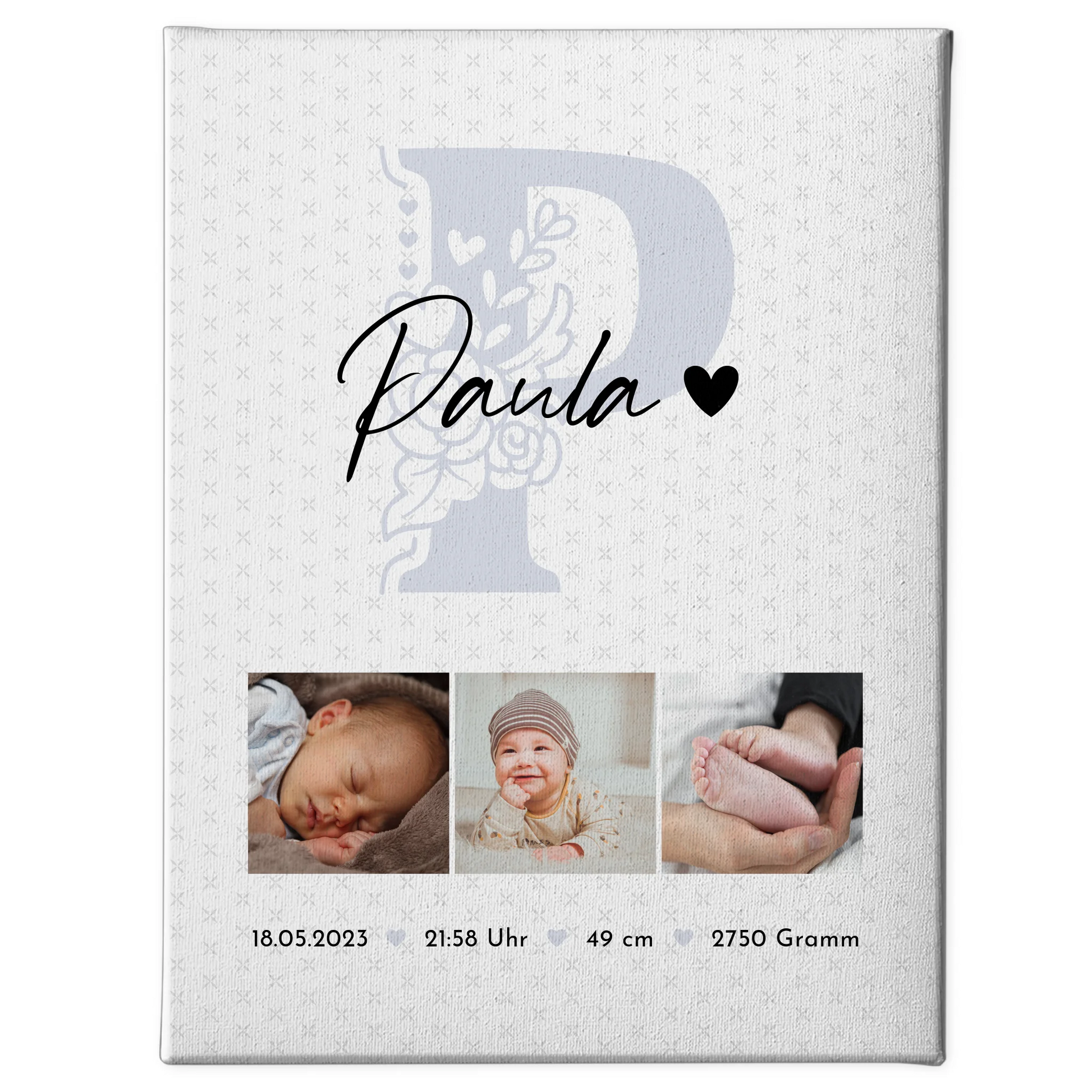 Leinwand Personalisiert zur Geburt Baby mit 6 Fotos Geburtsdaten Sternchen Muster 1