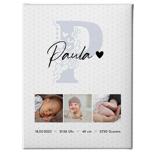 Leinwand Personalisiert zur Geburt Baby mit 6 Fotos Geburtsdaten Sternchen Muster 1