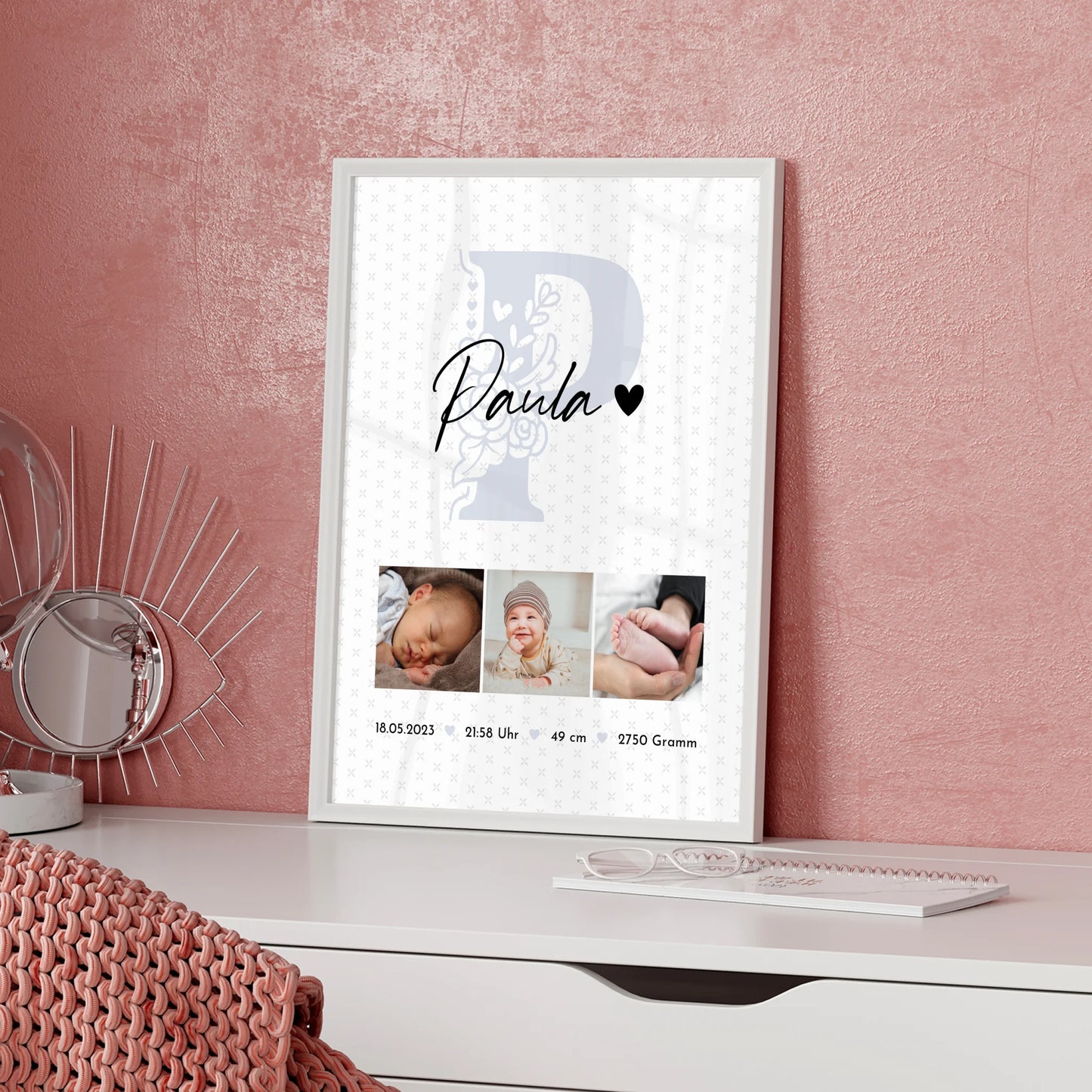 Geburtsdaten Poster Baby mit 6 Fotos und Sternchen Muster personalisiertes Geschenk 5