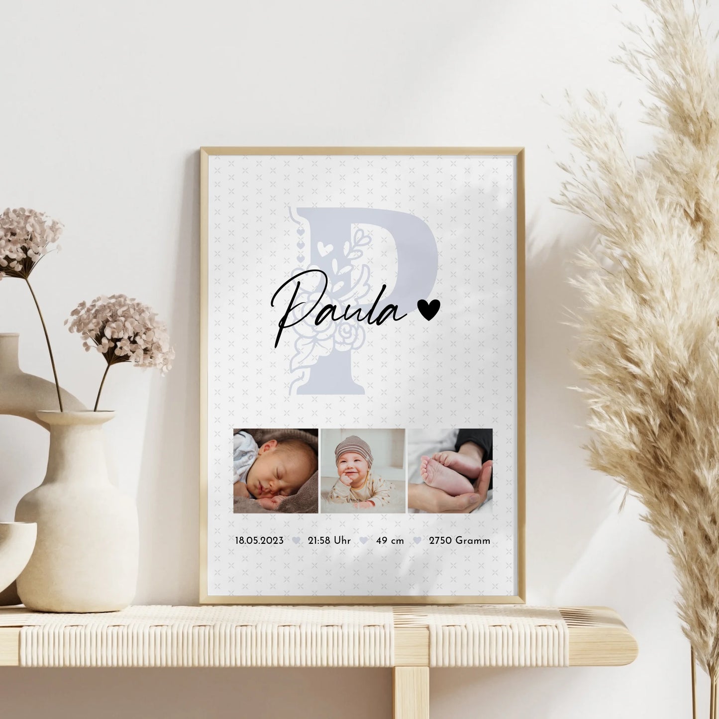 Geburtsdaten Poster Baby mit 6 Fotos und Sternchen Muster personalisiertes Geschenk 4