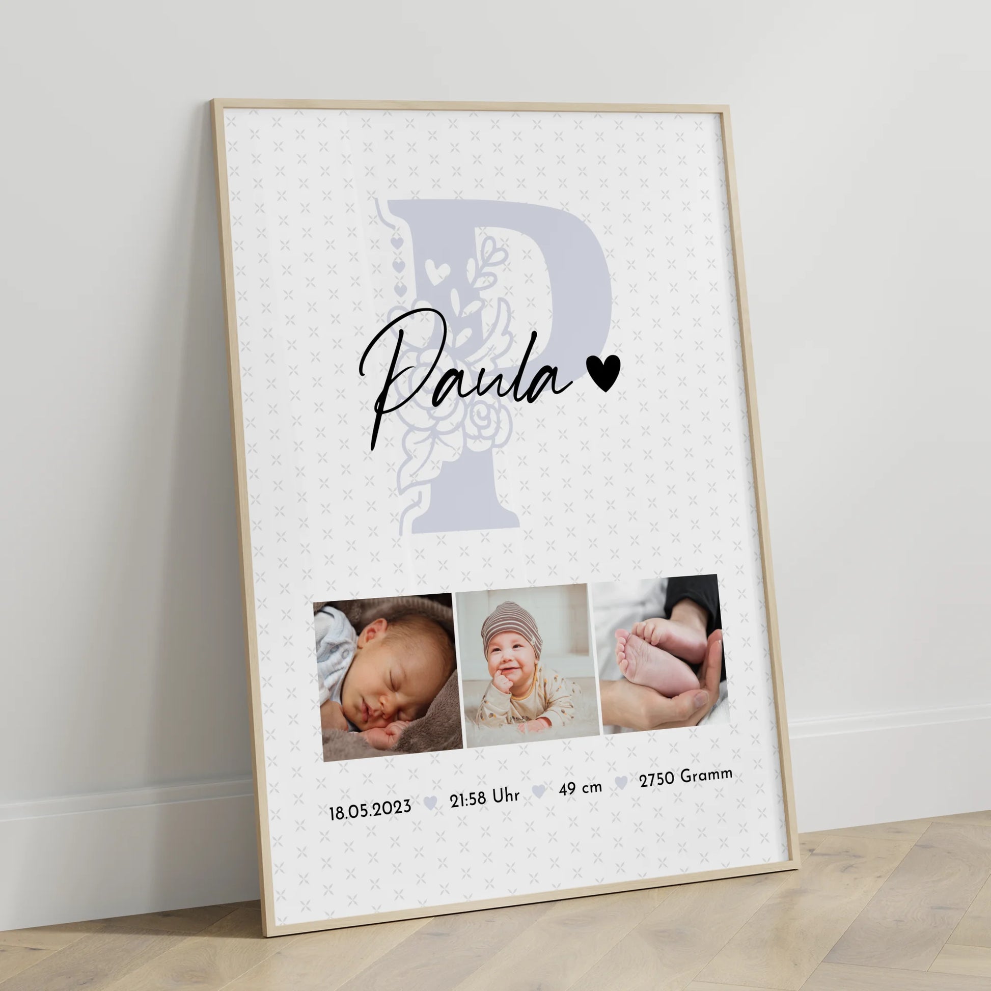 Geburtsdaten Poster Baby mit 6 Fotos und Sternchen Muster personalisiertes Geschenk 3