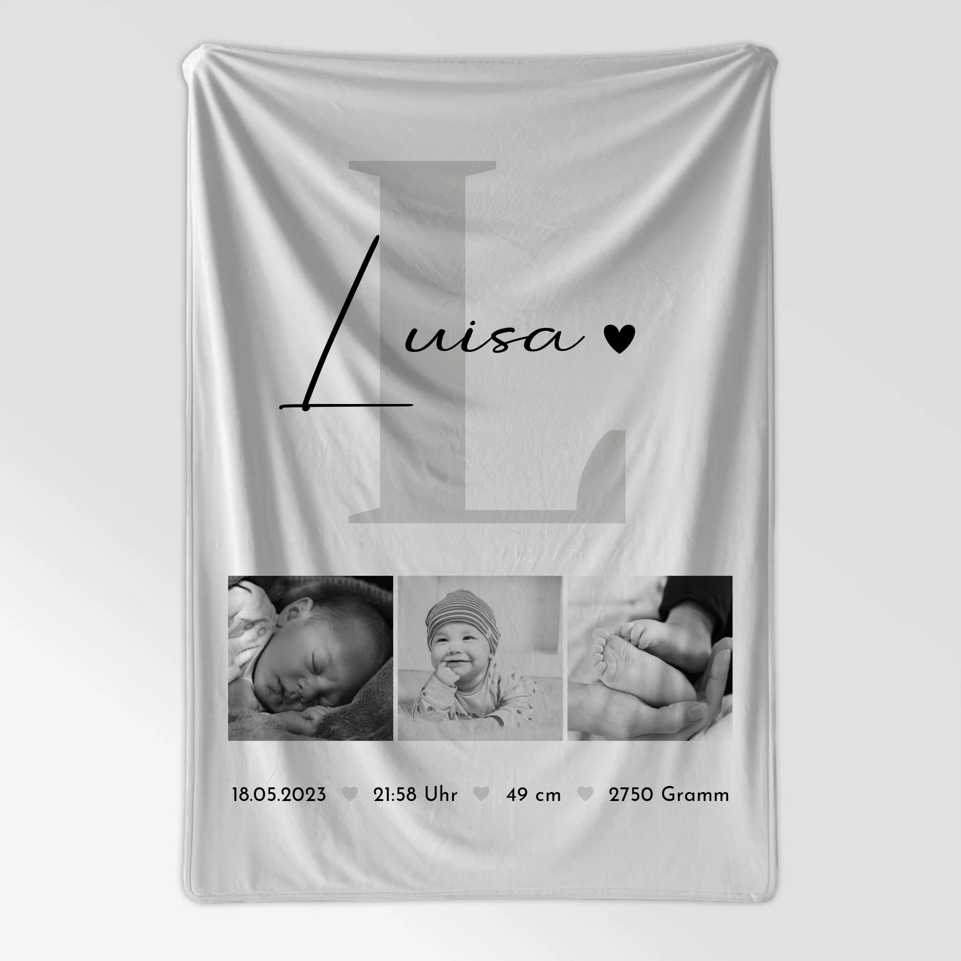 Personalisierte Babydecke zur Geburt - Fotocollage mit Namen und Geburtsdaten in Schwarz-Weiß 7