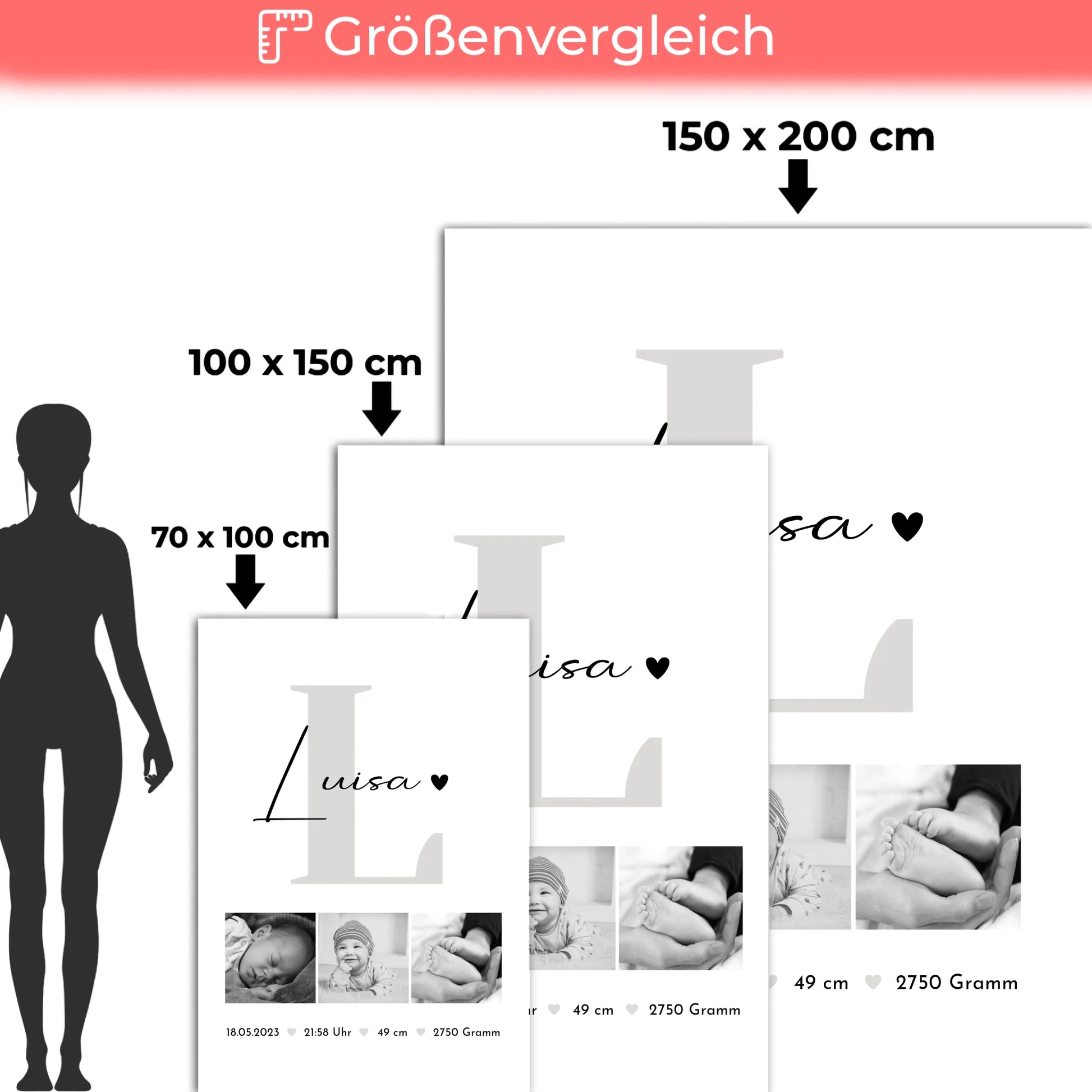 Personalisierte Babydecke zur Geburt - Fotocollage mit Namen und Geburtsdaten in Schwarz-Weiß 5