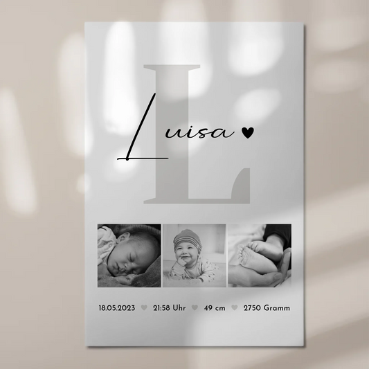 Fotoboard Magnet Poster Geburt Baby Fotocollage Geburtsdaten Black White 1