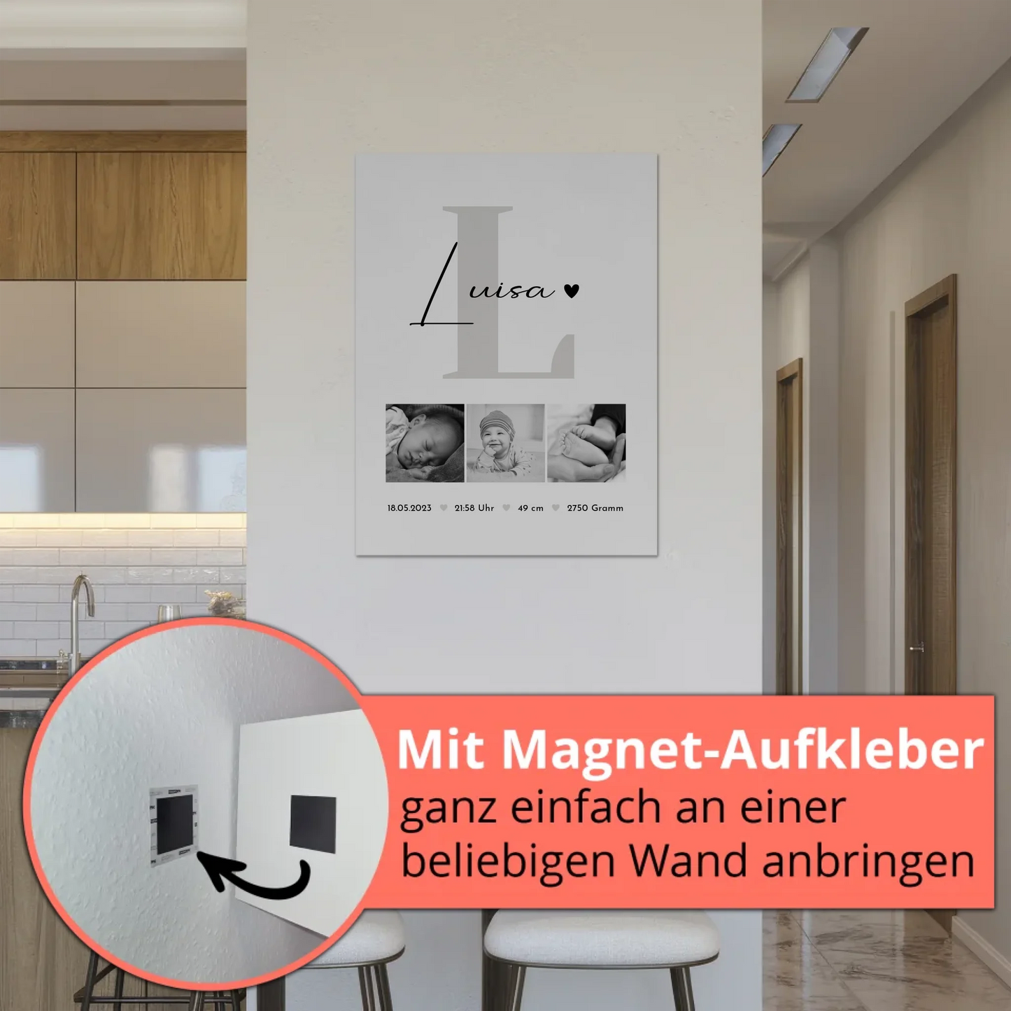 Fotoboard Magnet Poster Geburt Baby Fotocollage Geburtsdaten Black White
