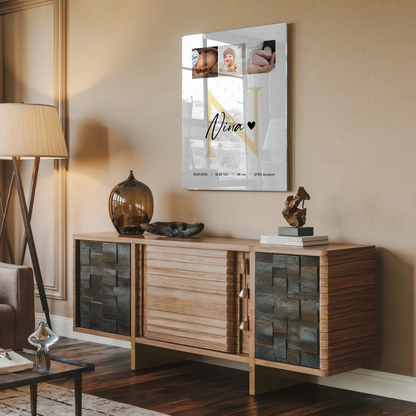 Foto Acrylglas zur Geburt Baby Fotocollage mit Geburtsdaten Initial und Rauten Muster 2