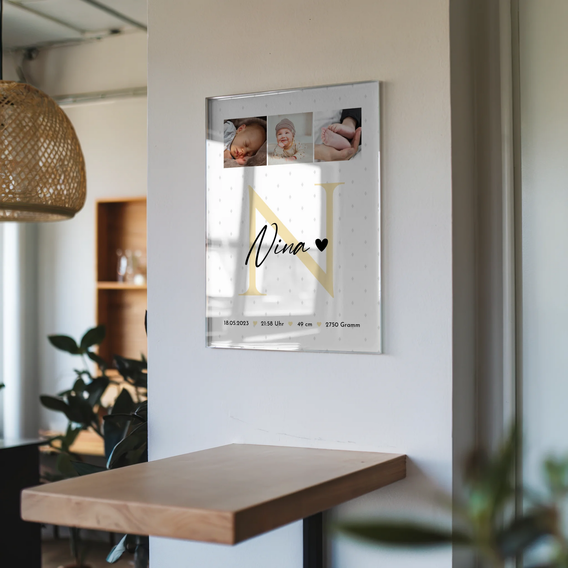 Foto Acrylglas zur Geburt Baby Fotocollage mit Geburtsdaten Initial und Rauten Muster 6