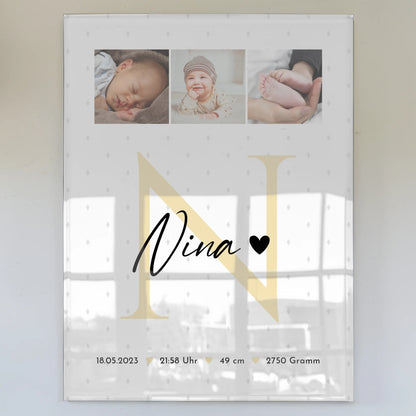 Foto Acrylglas zur Geburt Baby Fotocollage mit Geburtsdaten Initial und Rauten Muster 1