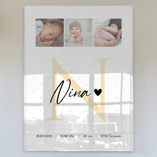 Foto Acrylglas zur Geburt Baby Fotocollage mit Geburtsdaten Initial und Rauten Muster 1