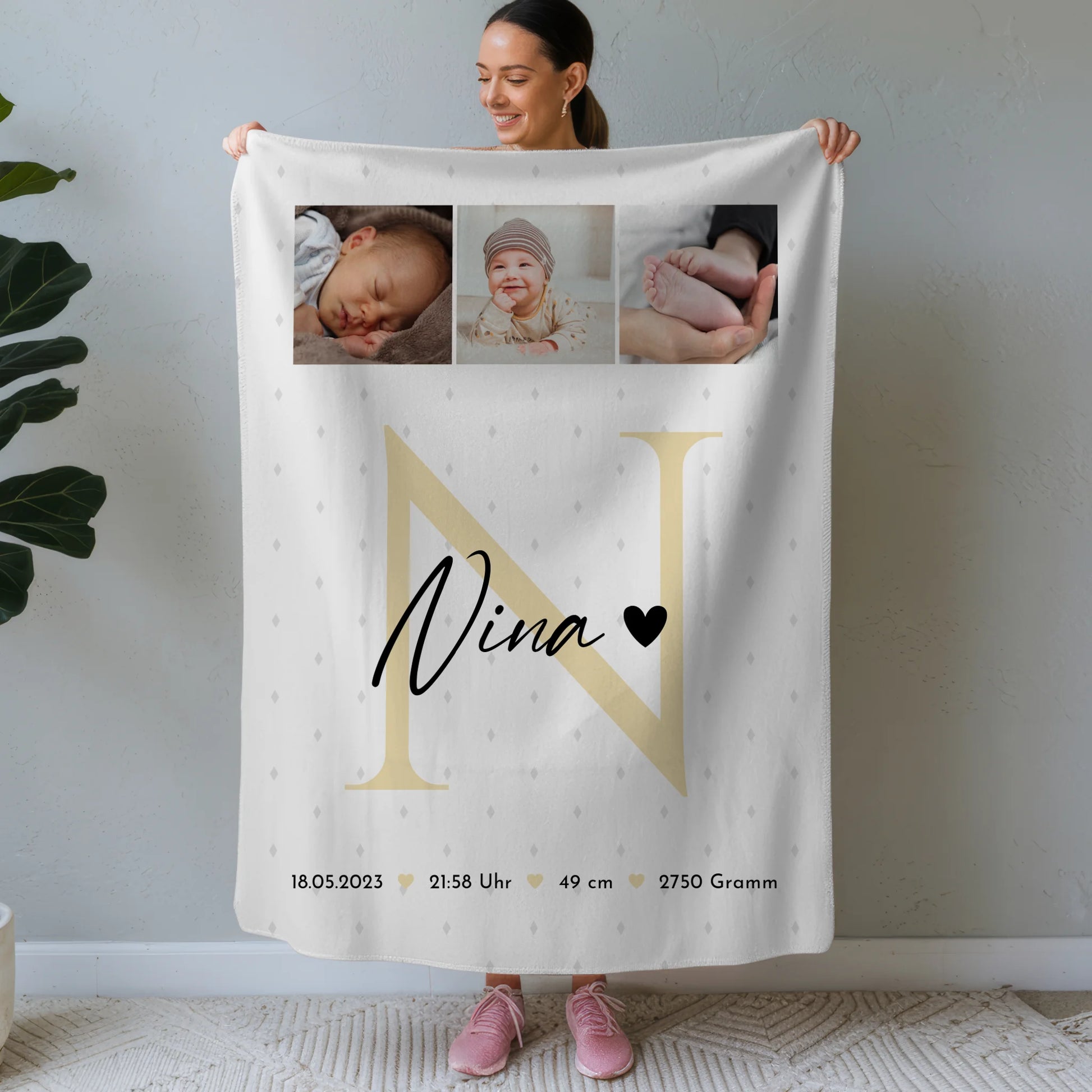 Babydecke Mit Namen Und Geburtsdatum Und Gewicht Fotocollage Geburt Initial Rauten Muster 1
