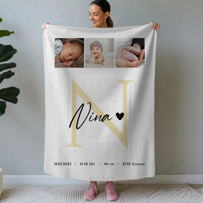 Babydecke Mit Namen Und Geburtsdatum Und Gewicht Fotocollage Geburt Initial Rauten Muster 1
