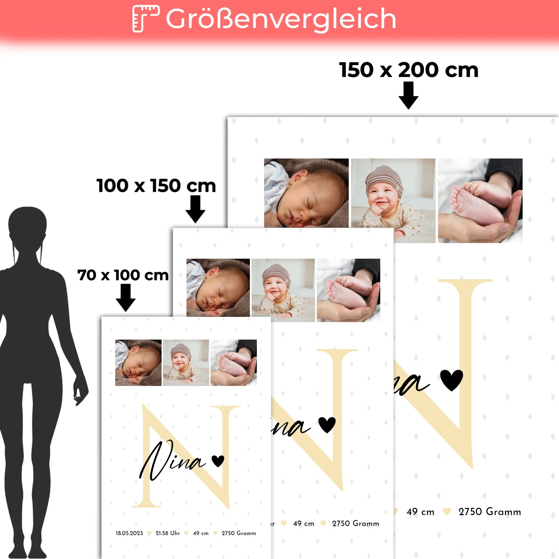 Babydecke Mit Namen Und Geburtsdatum Und Gewicht Fotocollage Geburt Initial Rauten Muster 5