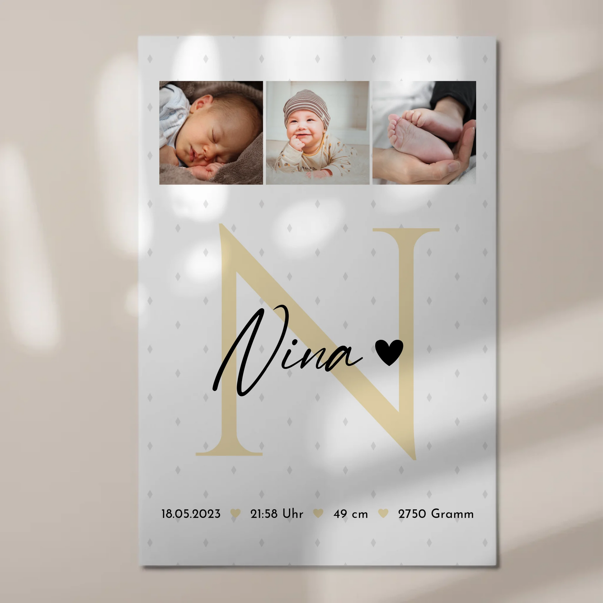 Fotoboard Magnet Wandbild zur Geburt Baby Fotocollage mit Geburtsdaten Initial Rauten Muster 1