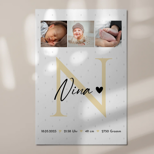 Fotoboard Magnet Wandbild zur Geburt Baby Fotocollage mit Geburtsdaten Initial Rauten Muster 1
