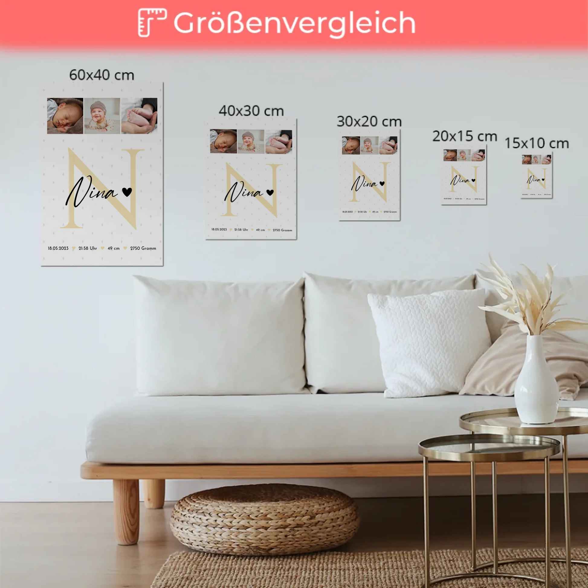 Fotoboard Magnet Wandbild zur Geburt Baby Fotocollage mit Geburtsdaten Initial Rauten Muster 6
