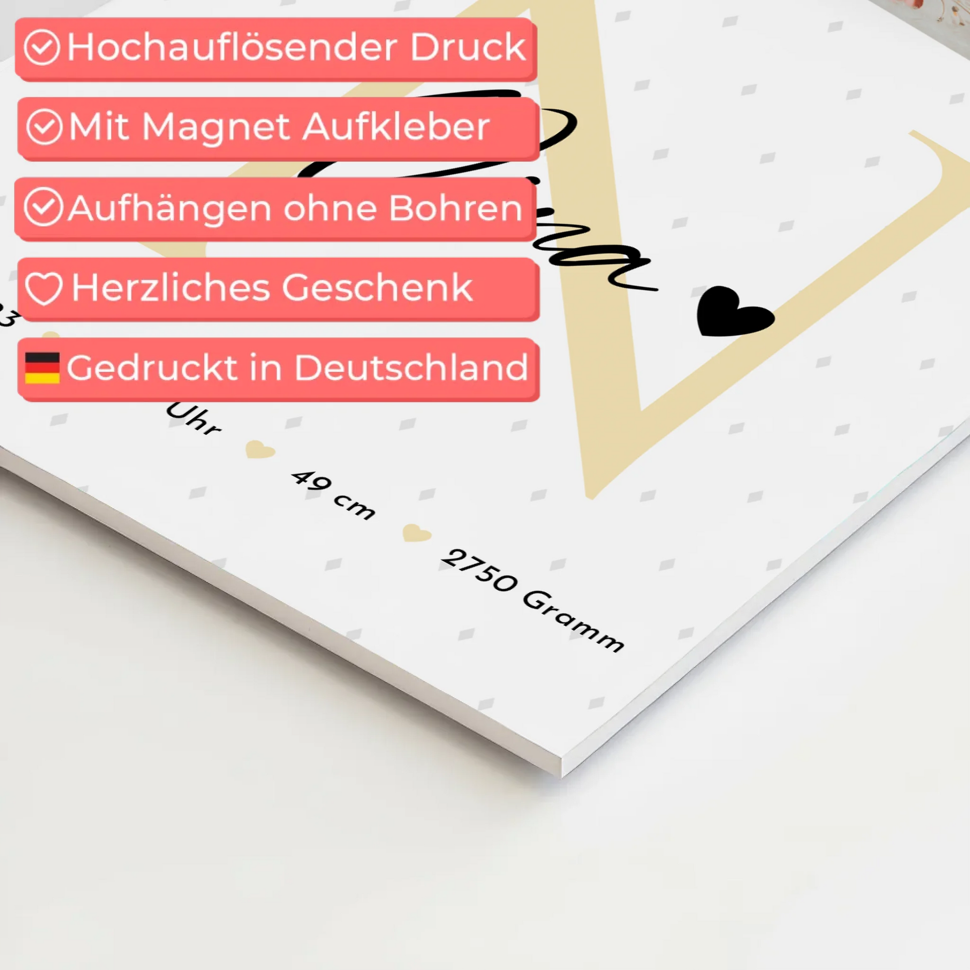 Fotoboard Magnet Wandbild zur Geburt Baby Fotocollage mit Geburtsdaten Initial Rauten Muster 4