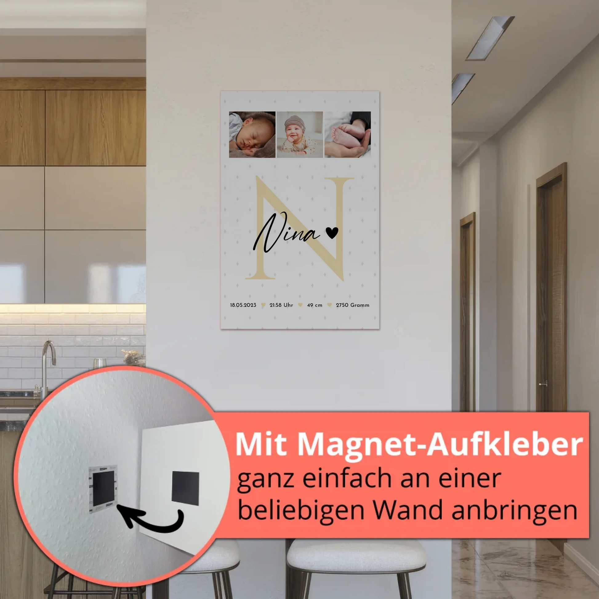 Fotoboard Magnet Wandbild zur Geburt Baby Fotocollage mit Geburtsdaten Initial Rauten Muster 5