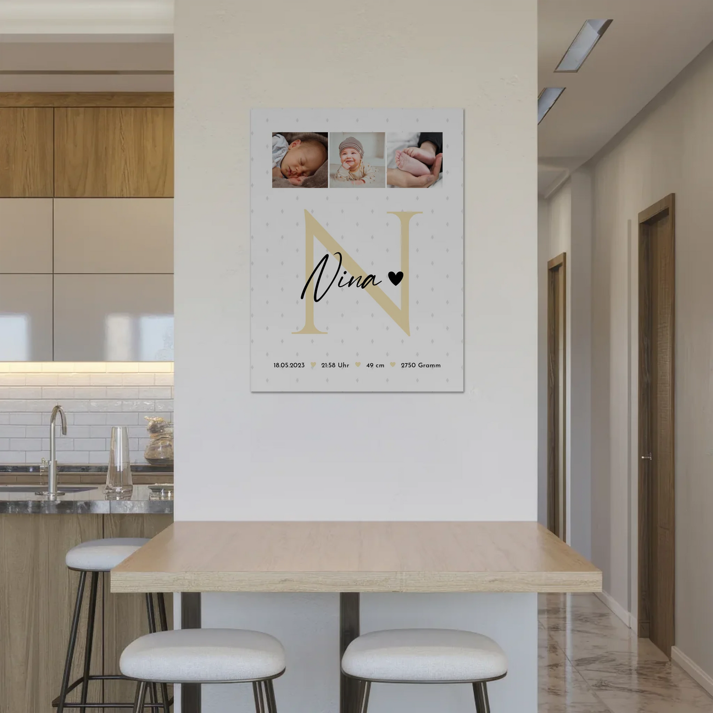 Fotoboard Magnet Wandbild zur Geburt Baby Fotocollage mit Geburtsdaten Initial Rauten Muster 8