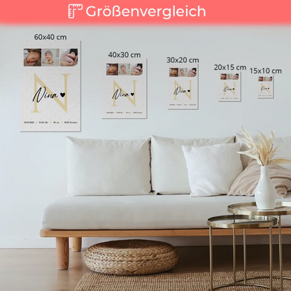 Fotoboard Magnet Wandbild zur Geburt Baby Fotocollage mit Geburtsdaten Initial Rauten Muster