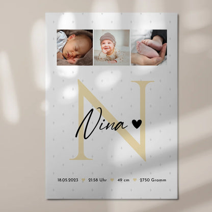 Fotoboard Magnet Wandbild zur Geburt Baby Fotocollage mit Geburtsdaten Initial Rauten Muster