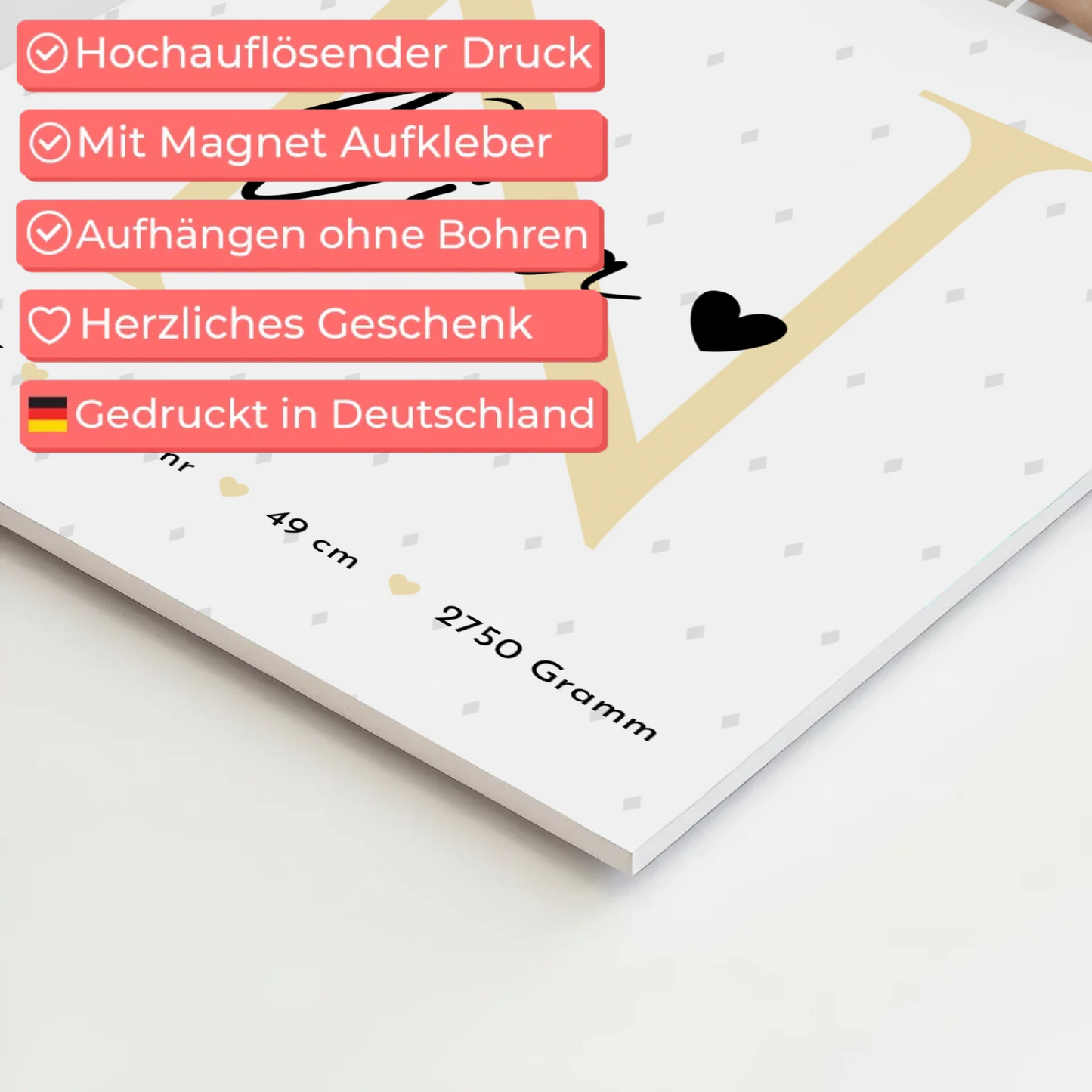 Fotoboard Magnet Wandbild zur Geburt Baby Fotocollage mit Geburtsdaten Initial Rauten Muster