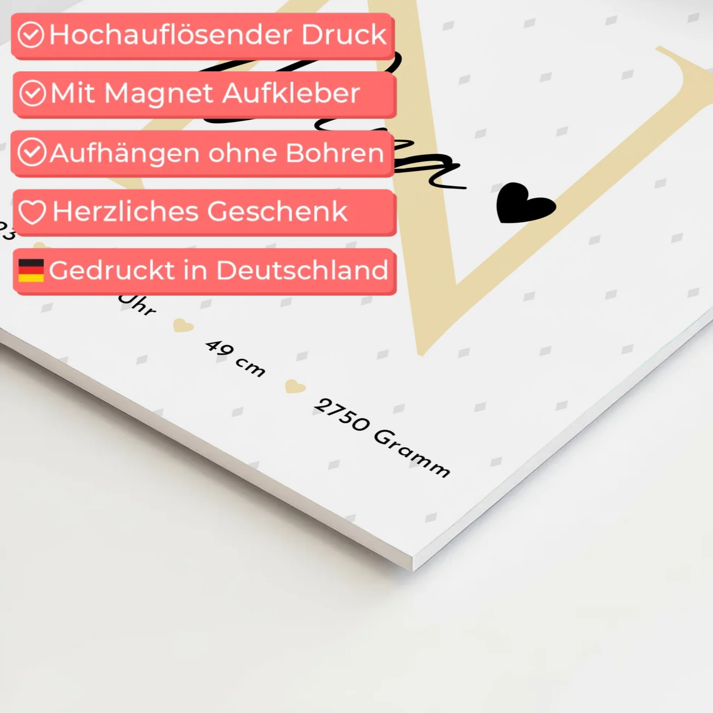 Fotoboard Magnet Wandbild zur Geburt Baby Fotocollage mit Geburtsdaten Initial Rauten Muster