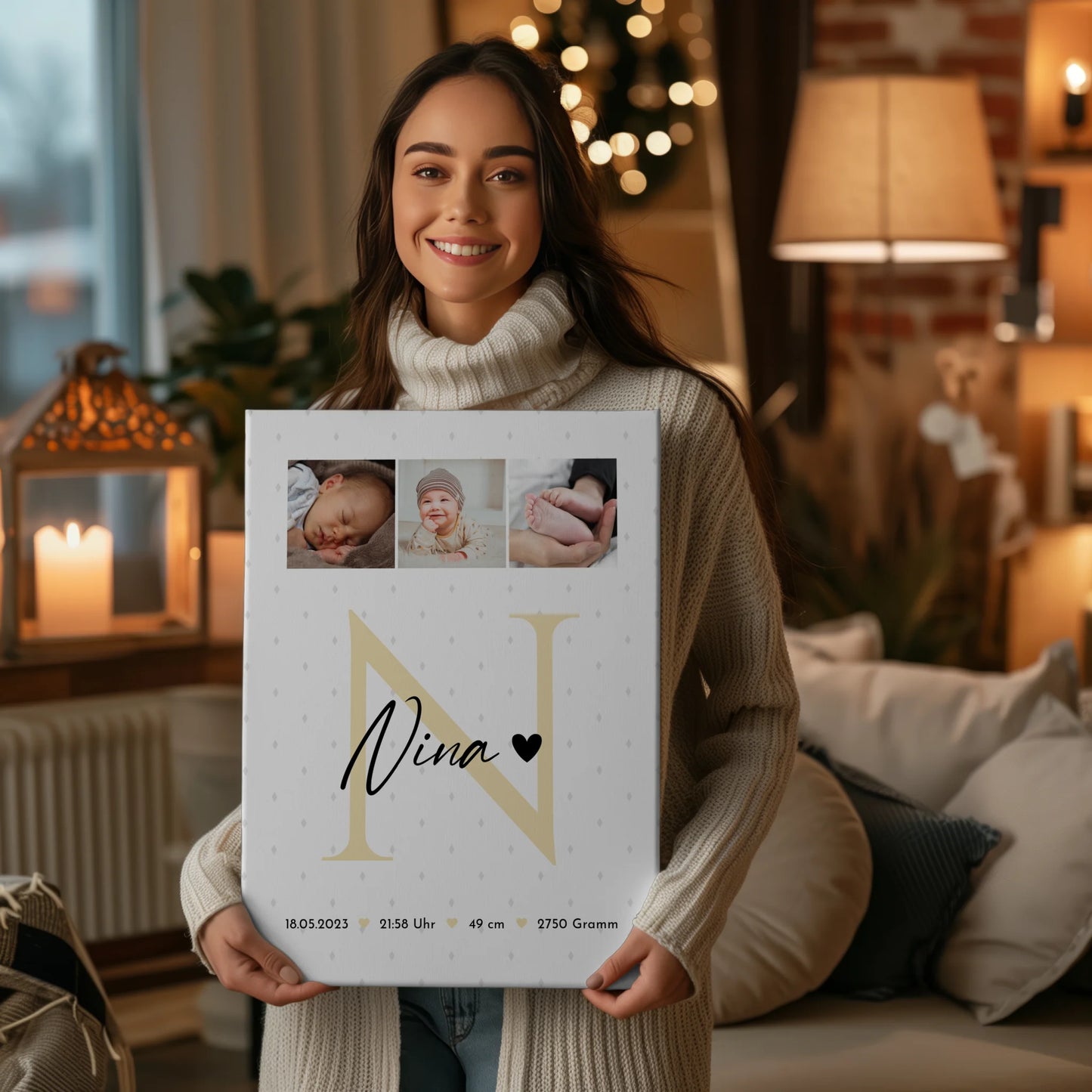 Leinwand Bild zur Geburt Baby Fotocollage mit Geburtsdaten Initial und Rauten Muster 2