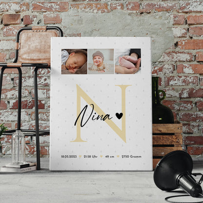 Leinwand Bild zur Geburt Baby Fotocollage mit Geburtsdaten Initial und Rauten Muster 4