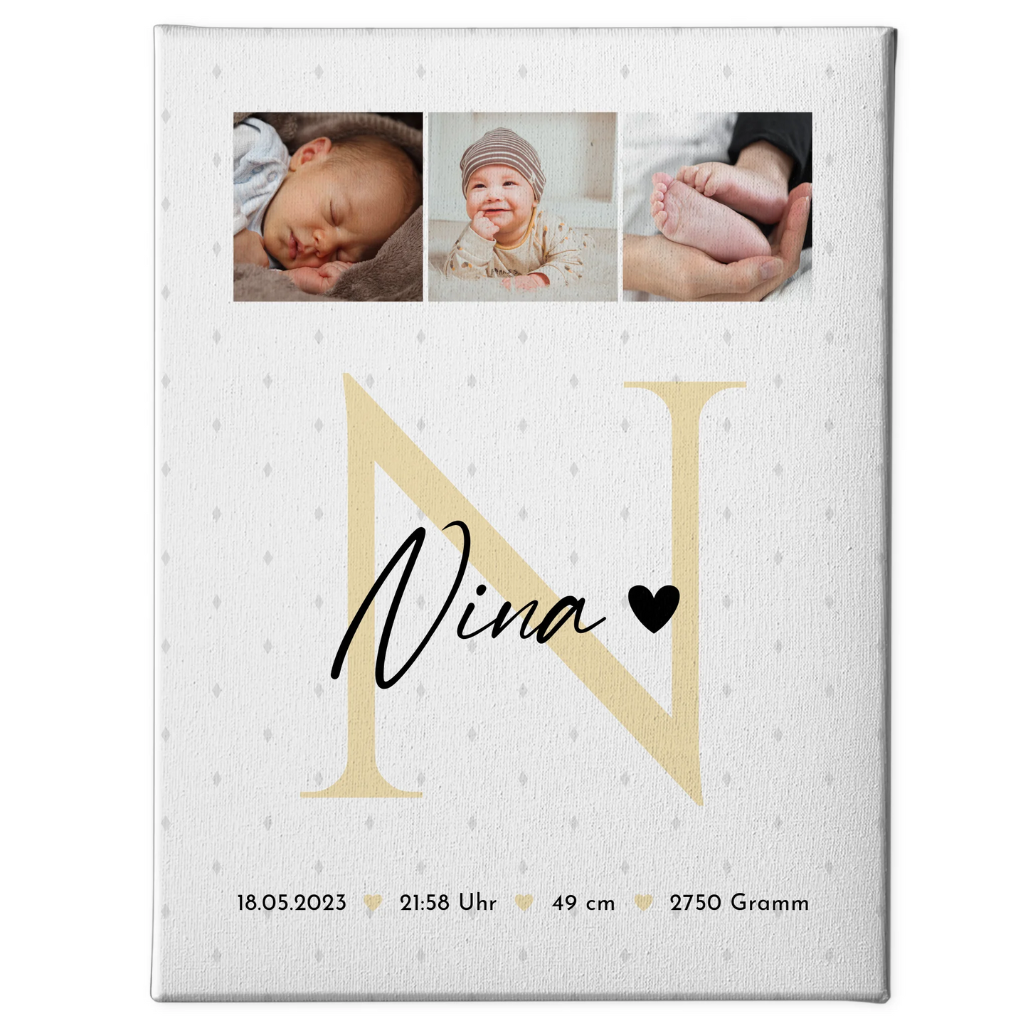 Leinwand Bild zur Geburt Baby Fotocollage mit Geburtsdaten Initial und Rauten Muster 1