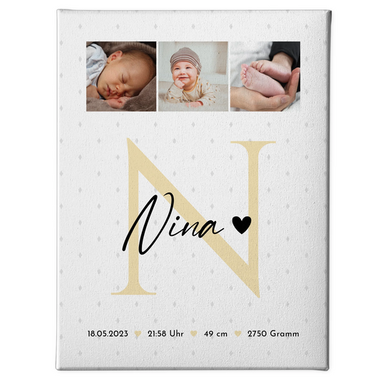 Leinwand Bild zur Geburt Baby Fotocollage mit Geburtsdaten Initial und Rauten Muster 1