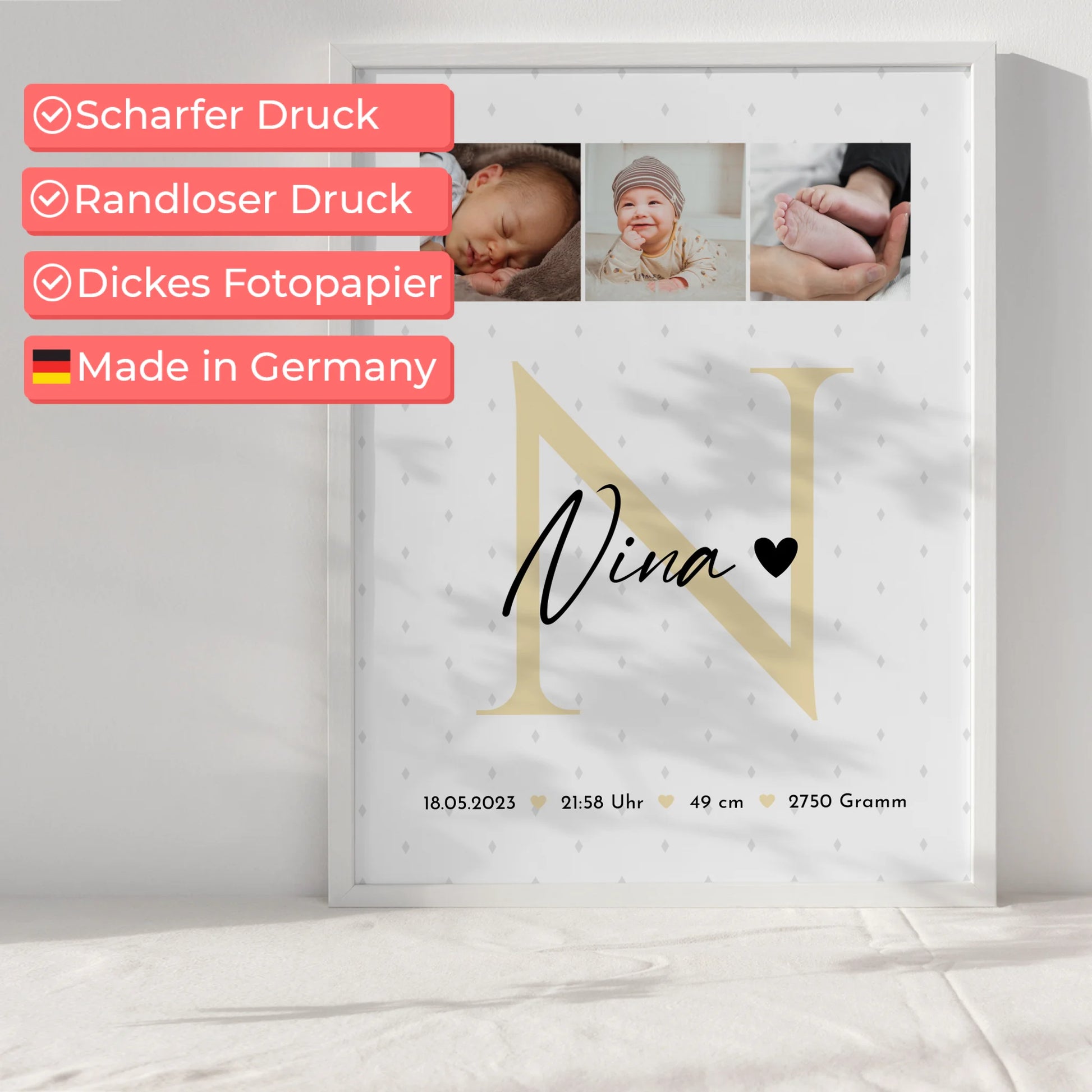 Poster Geburtsdaten zur Geburt Baby Fotocollage mit Initial und Rauten Muster personalisiert 6